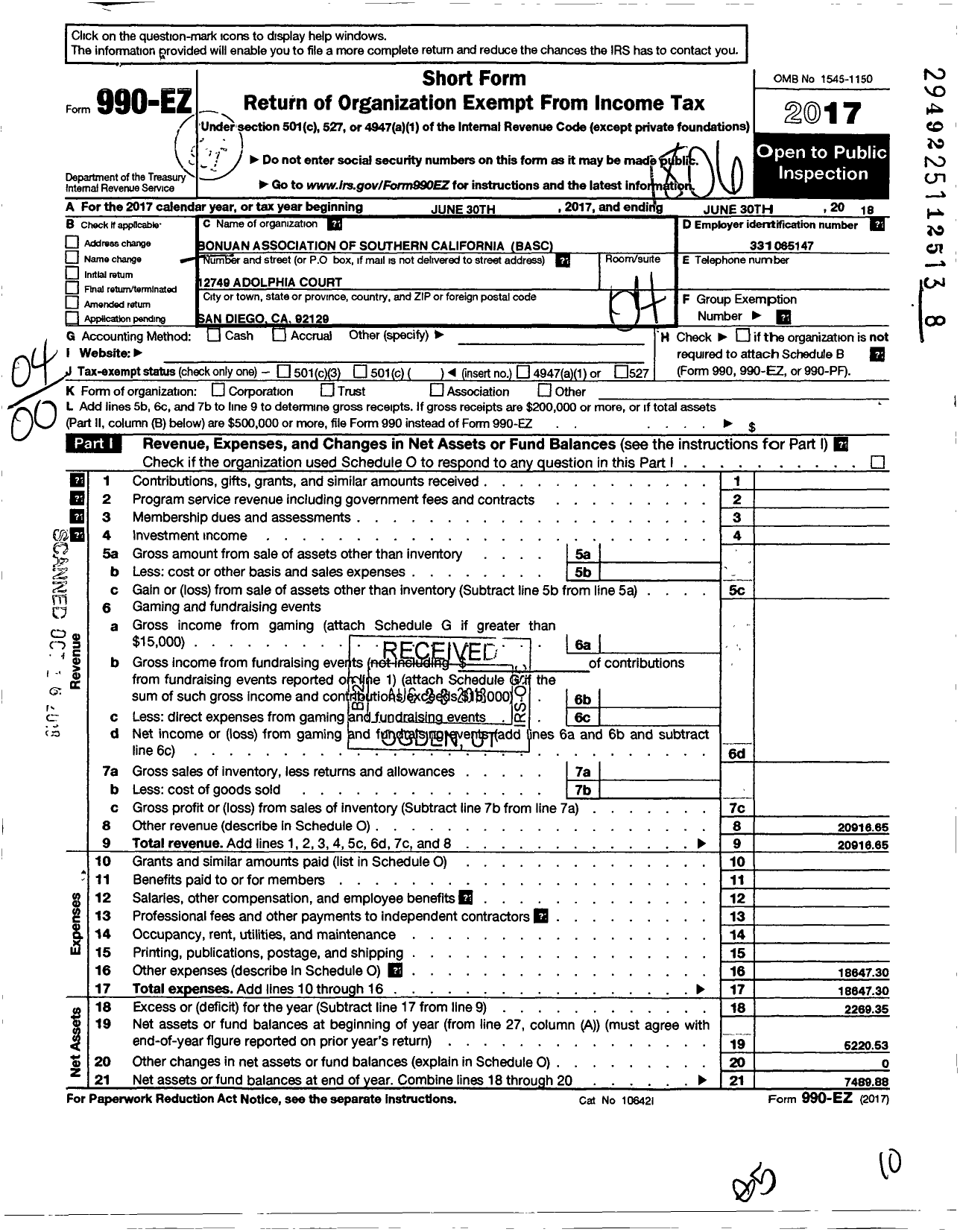 Image of first page of 2017 Form 990EO for BONUAN ASSOCIATION OF SOUTHERN cALIFORNIA