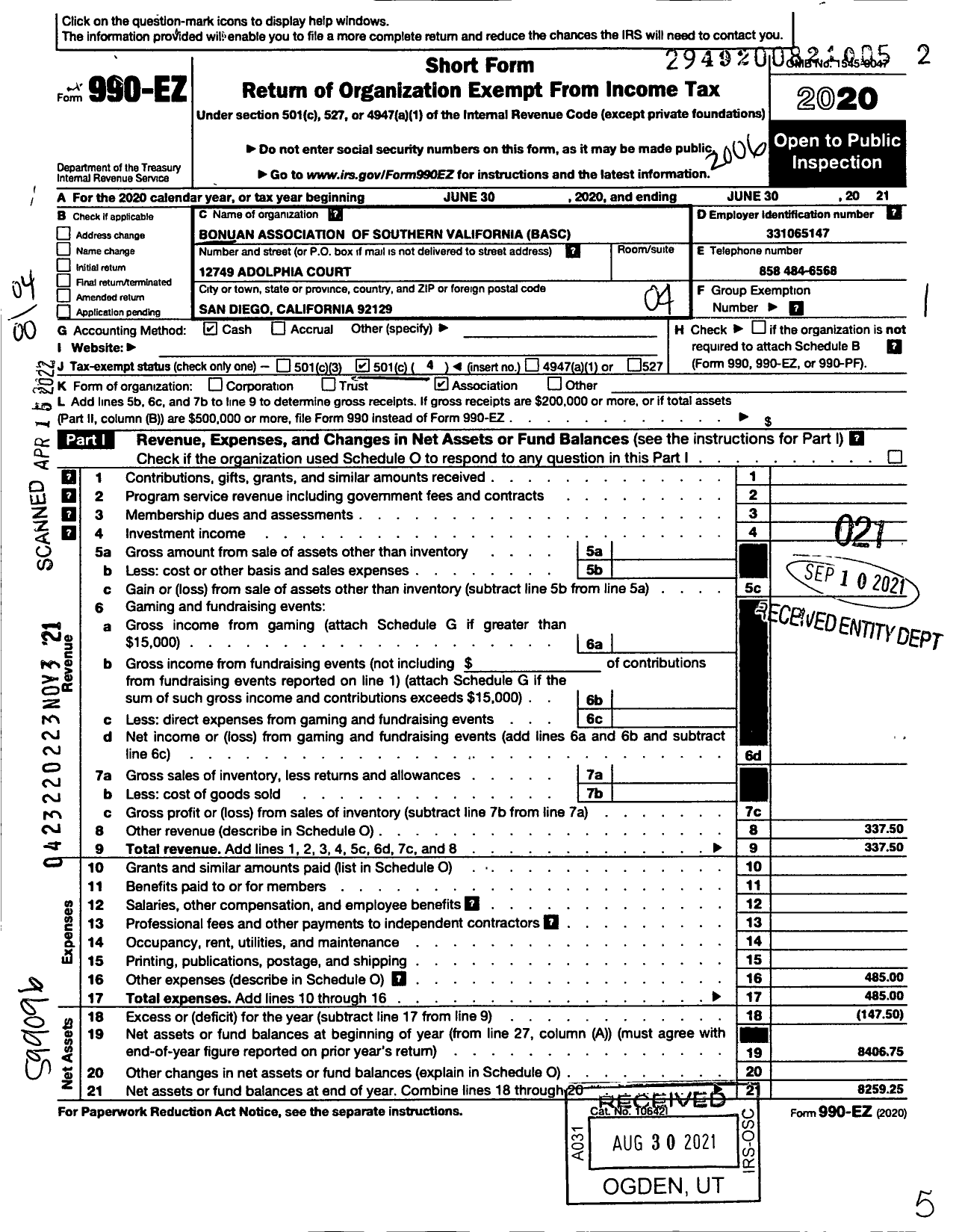 Image of first page of 2019 Form 990EO for BONUAN ASSOCIATION OF SOUTHERN cALIFORNIA