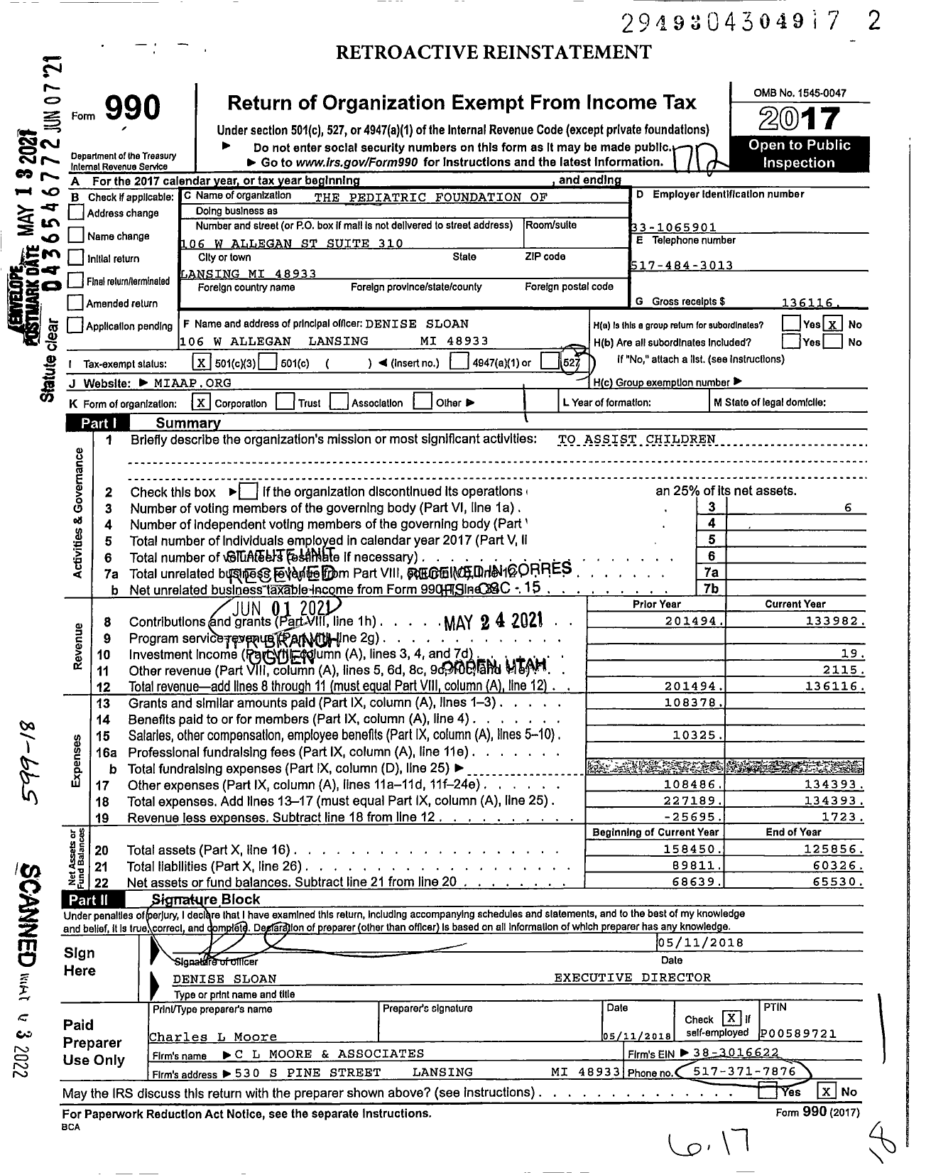 Image of first page of 2017 Form 990 for Pediatric Foudnation of Michigan