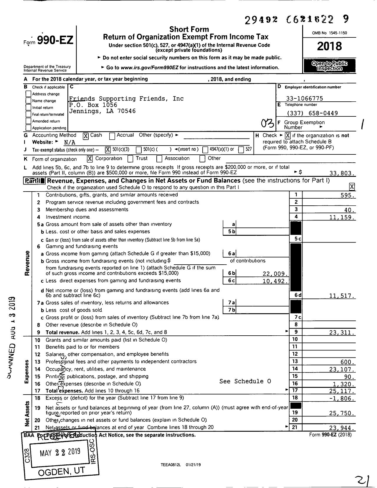 Image of first page of 2018 Form 990EZ for Friends Supporting Friends