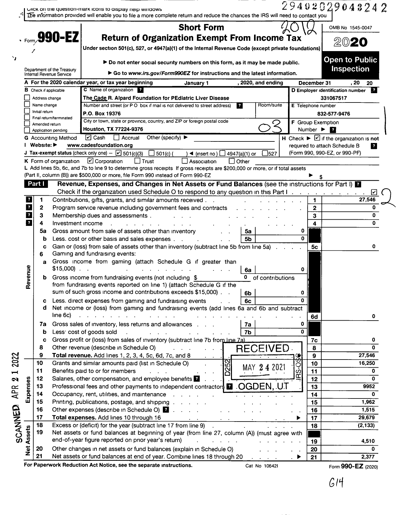 Image of first page of 2020 Form 990EZ for Cade R Alpard Foundation for Pediatric Disease