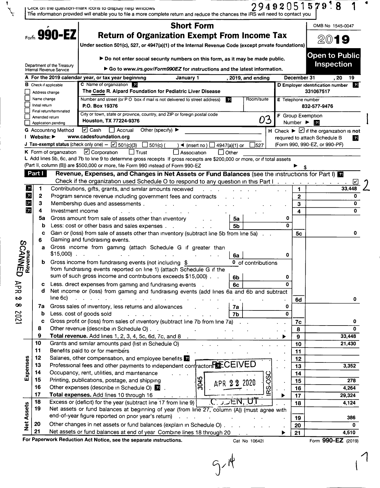 Image of first page of 2019 Form 990EZ for Cade R Alpard Foundation for Pediatric Disease