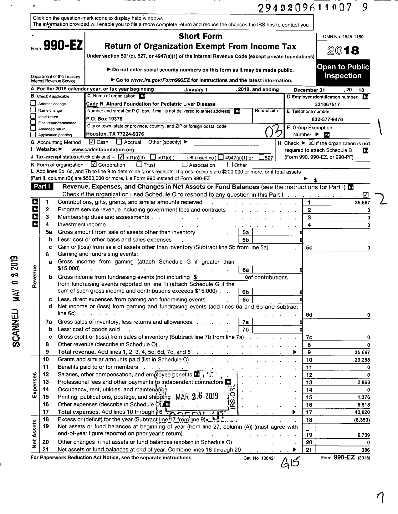 Image of first page of 2018 Form 990EZ for Cade R Alpard Foundation for Pediatric Disease