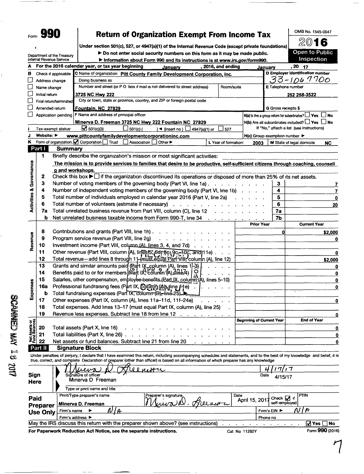 Image of first page of 2016 Form 990 for Pitt County Family Development Corporation