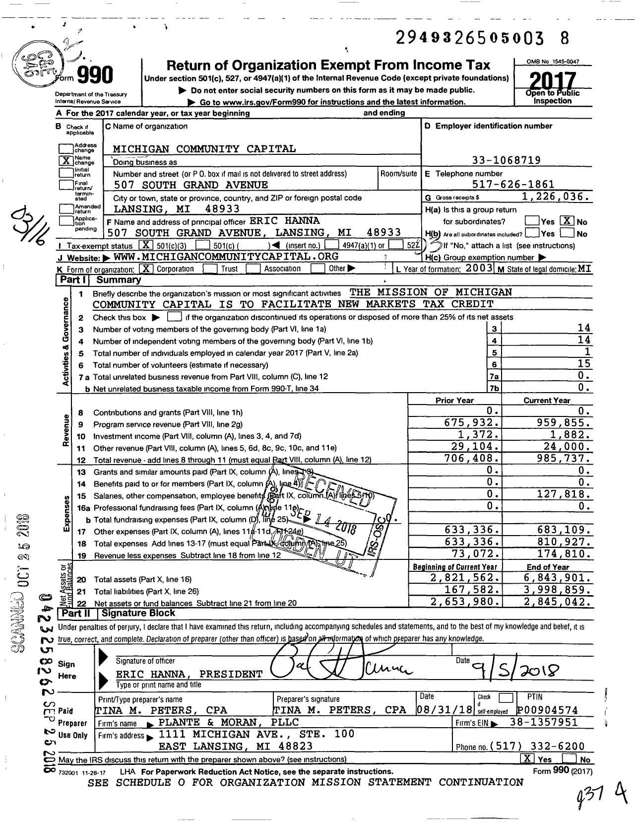 Image of first page of 2017 Form 990 for Michigan Community Capital