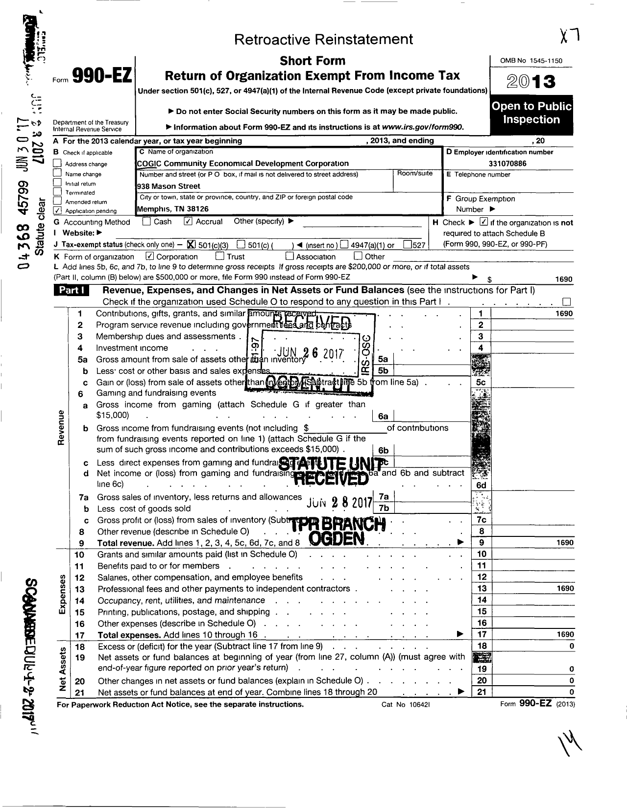 Image of first page of 2013 Form 990EZ for Cogic Community Economical Development Corporation