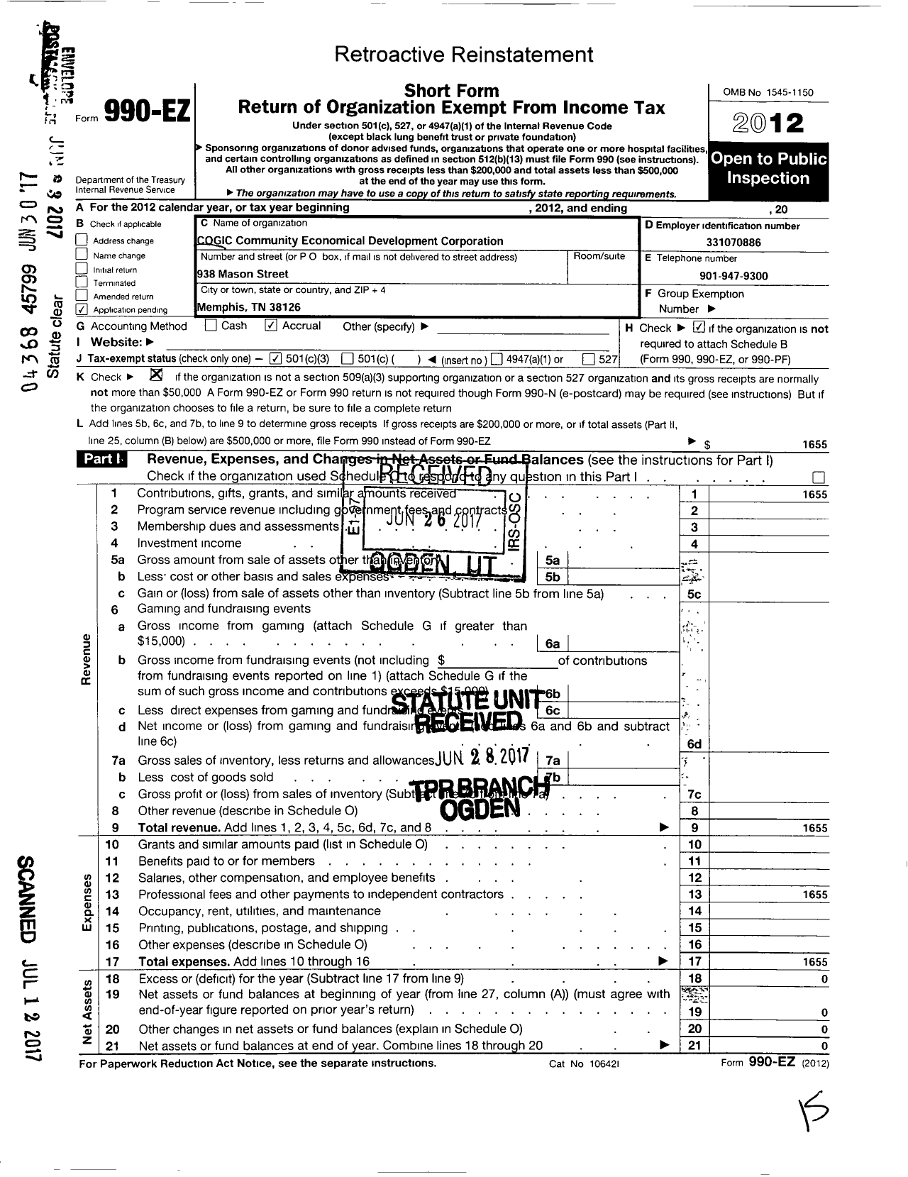 Image of first page of 2012 Form 990EZ for Cogic Community Economical Development Corporation