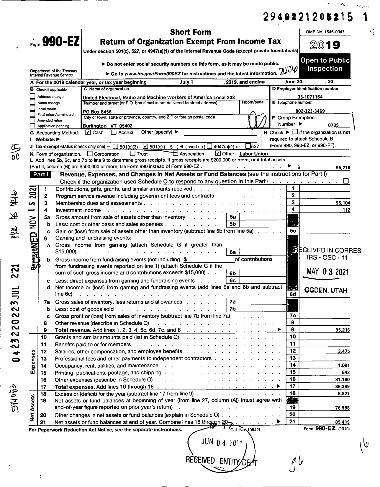 Image of first page of 2019 Form 990EO for UNITED Electrical Radio and MACHINE Workers OF AMERICA - 203 Local