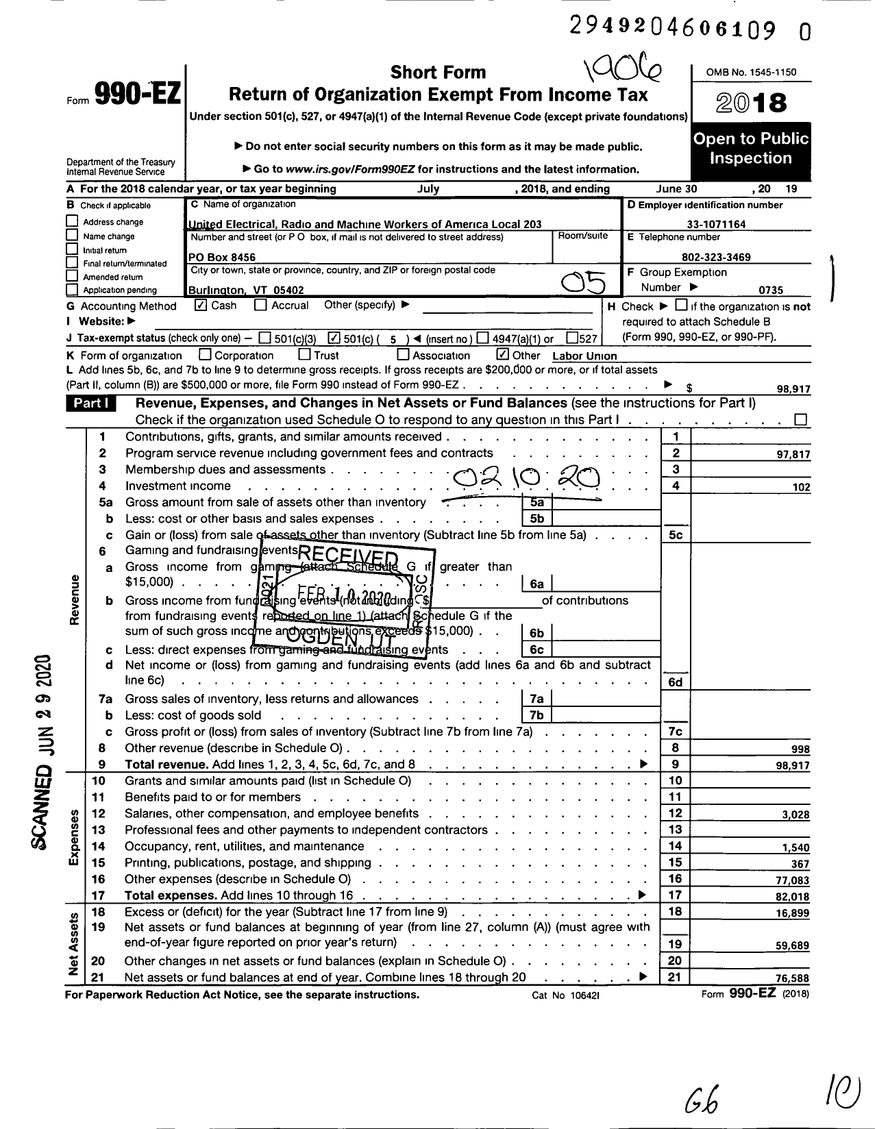 Image of first page of 2018 Form 990EO for UNITED Electrical Radio and MACHINE Workers OF AMERICA - 203 Local