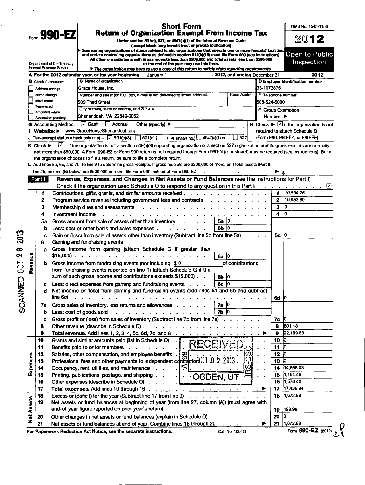 Image of first page of 2012 Form 990EZ for Grace House