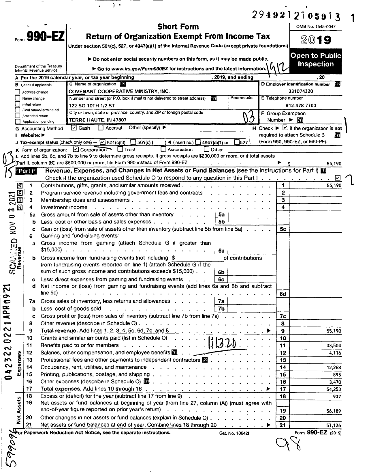 Image of first page of 2019 Form 990EZ for Covenant Cooperative Ministry