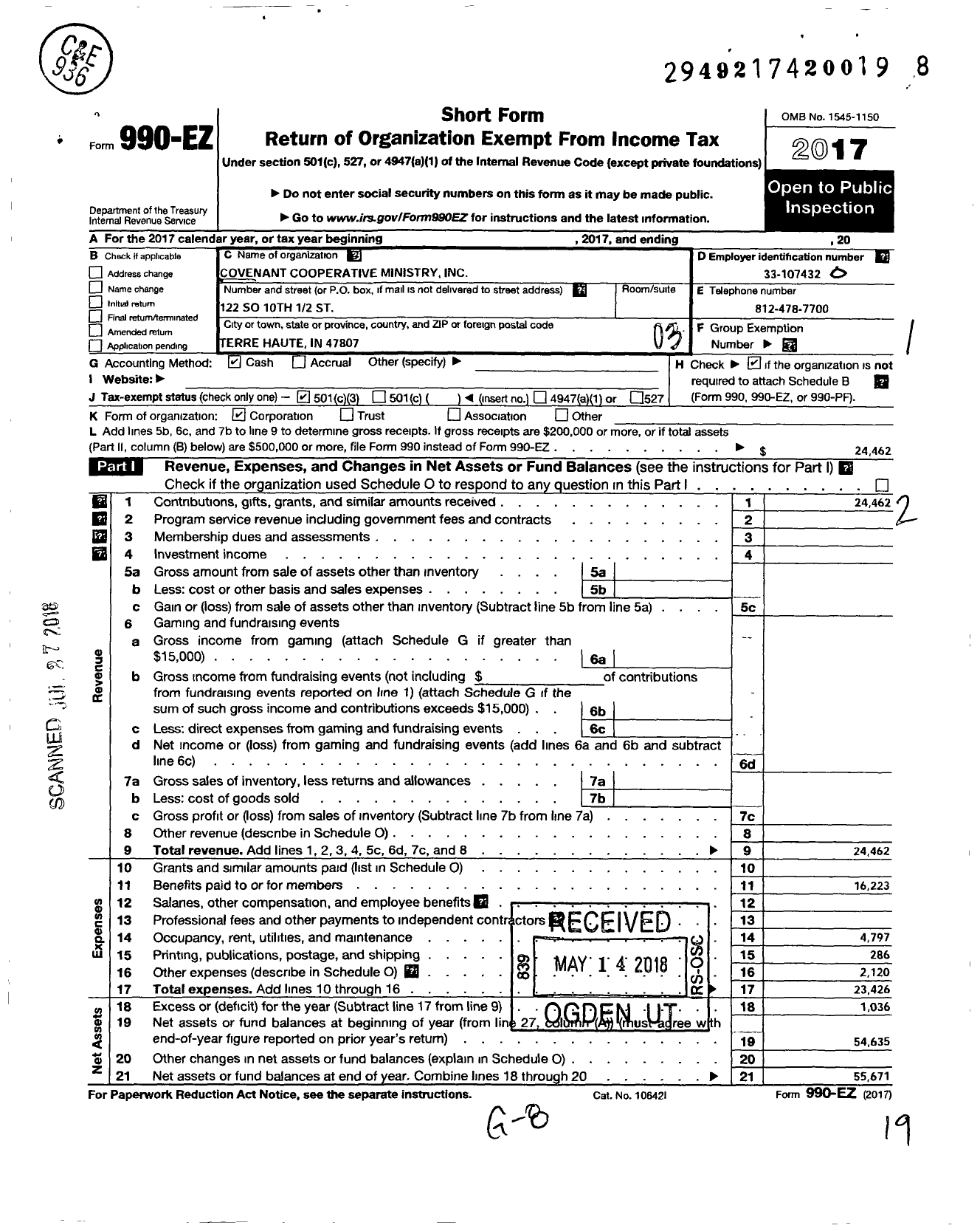 Image of first page of 2017 Form 990EZ for Covenant Cooperative Ministry