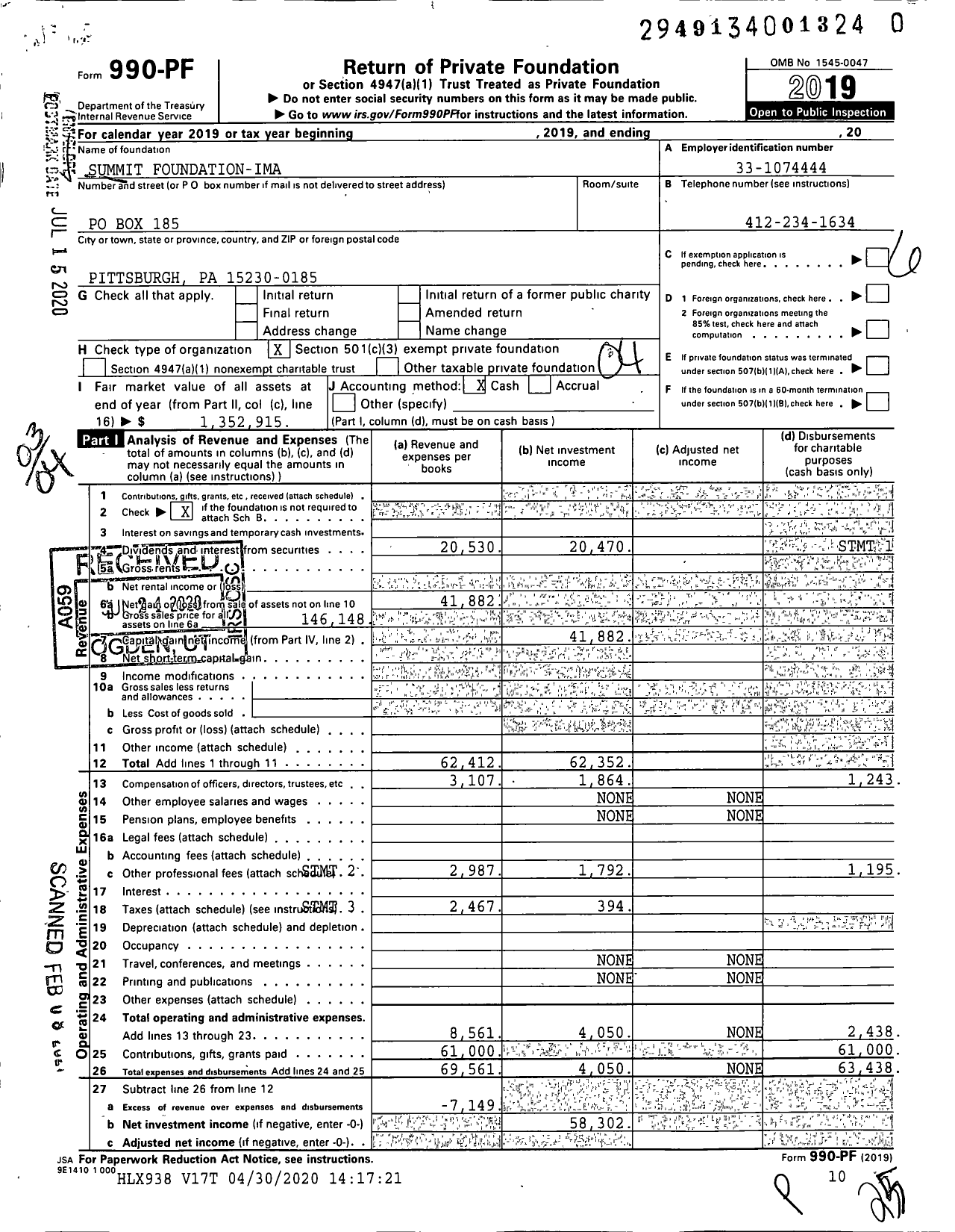 Image of first page of 2019 Form 990PF for Summit Foundation-Ima