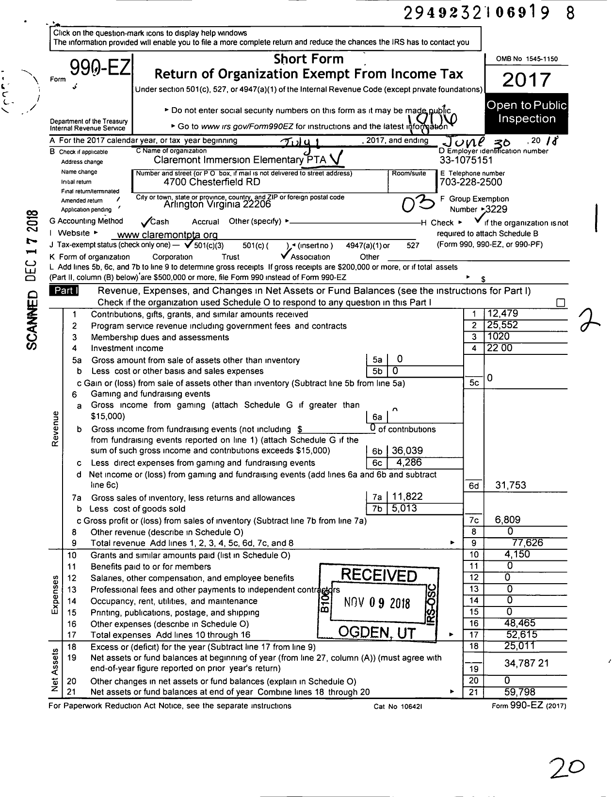 Image of first page of 2017 Form 990EZ for VIRGINIA PTA - Claremont Immersion Elementary PTA