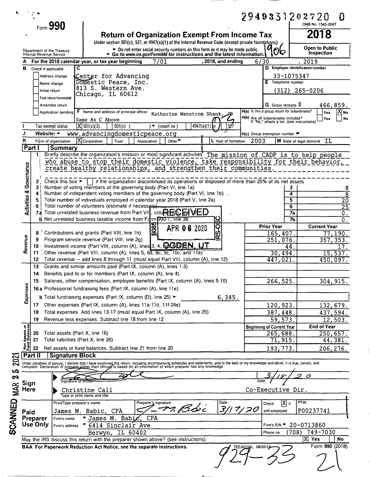 Image of first page of 2018 Form 990 for Center for Advancing Domestic Peace