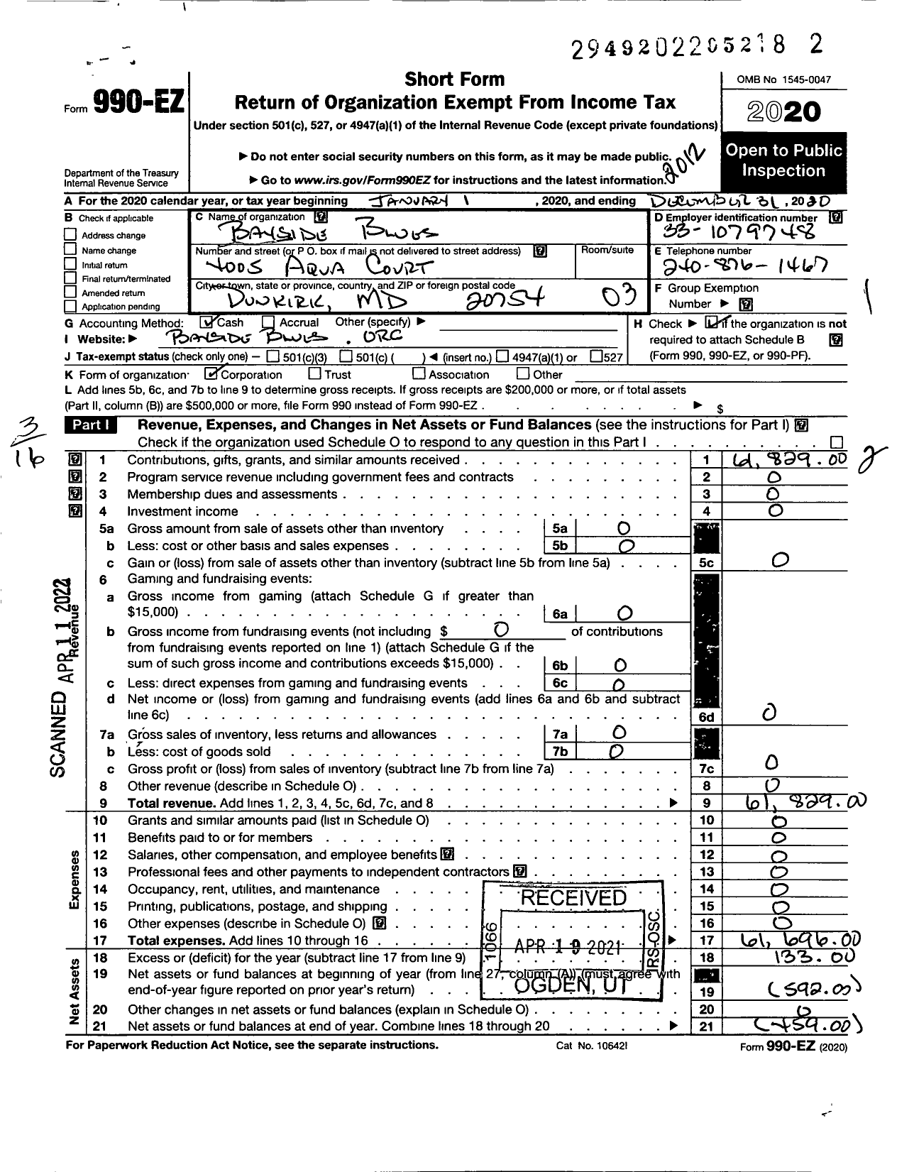 Image of first page of 2020 Form 990EZ for Bayside Blues