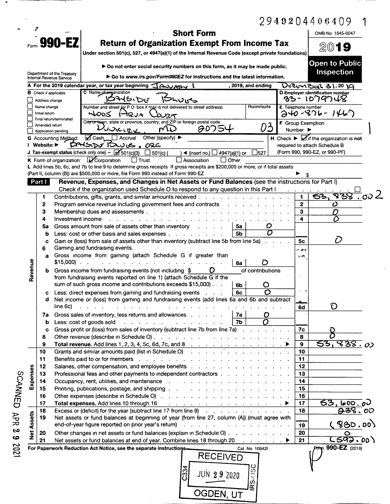 Image of first page of 2019 Form 990EZ for Bayside Blues