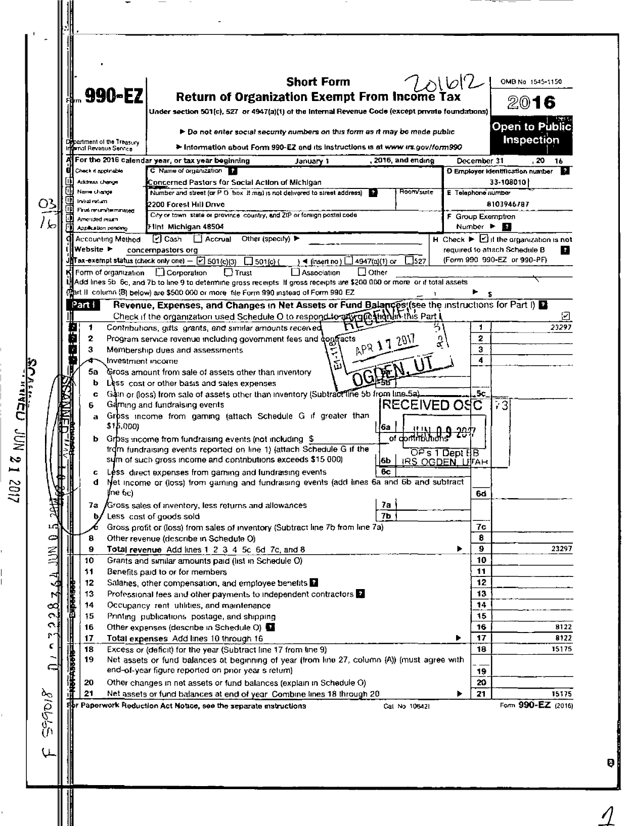 Image of first page of 2016 Form 990EZ for Concerned Pastors for Social Action of Michigan