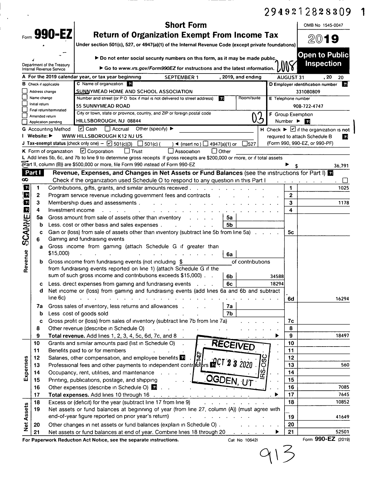 Image of first page of 2019 Form 990EZ for Sunnymead Home and School Association