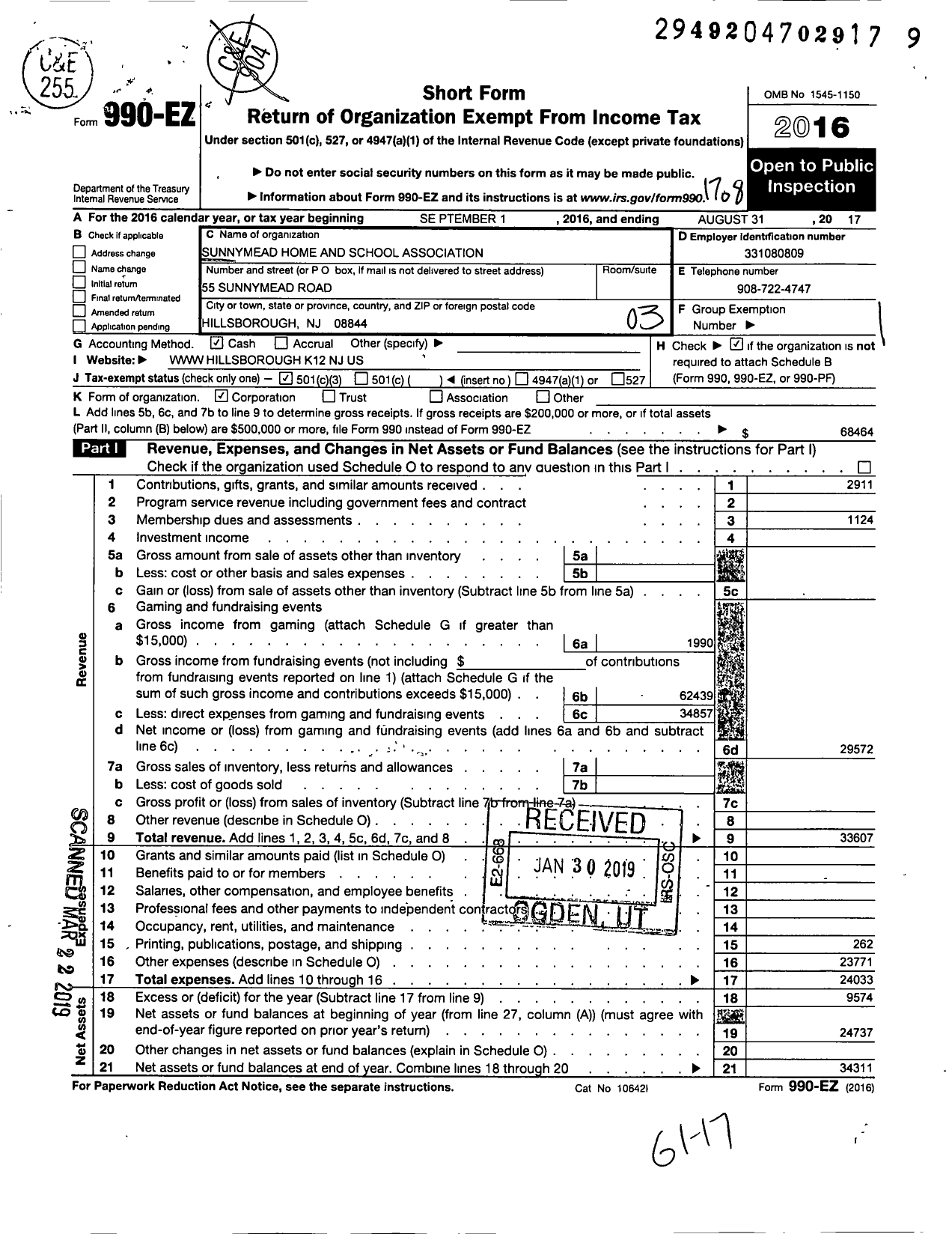 Image of first page of 2016 Form 990EZ for Sunnymead Home and School Association