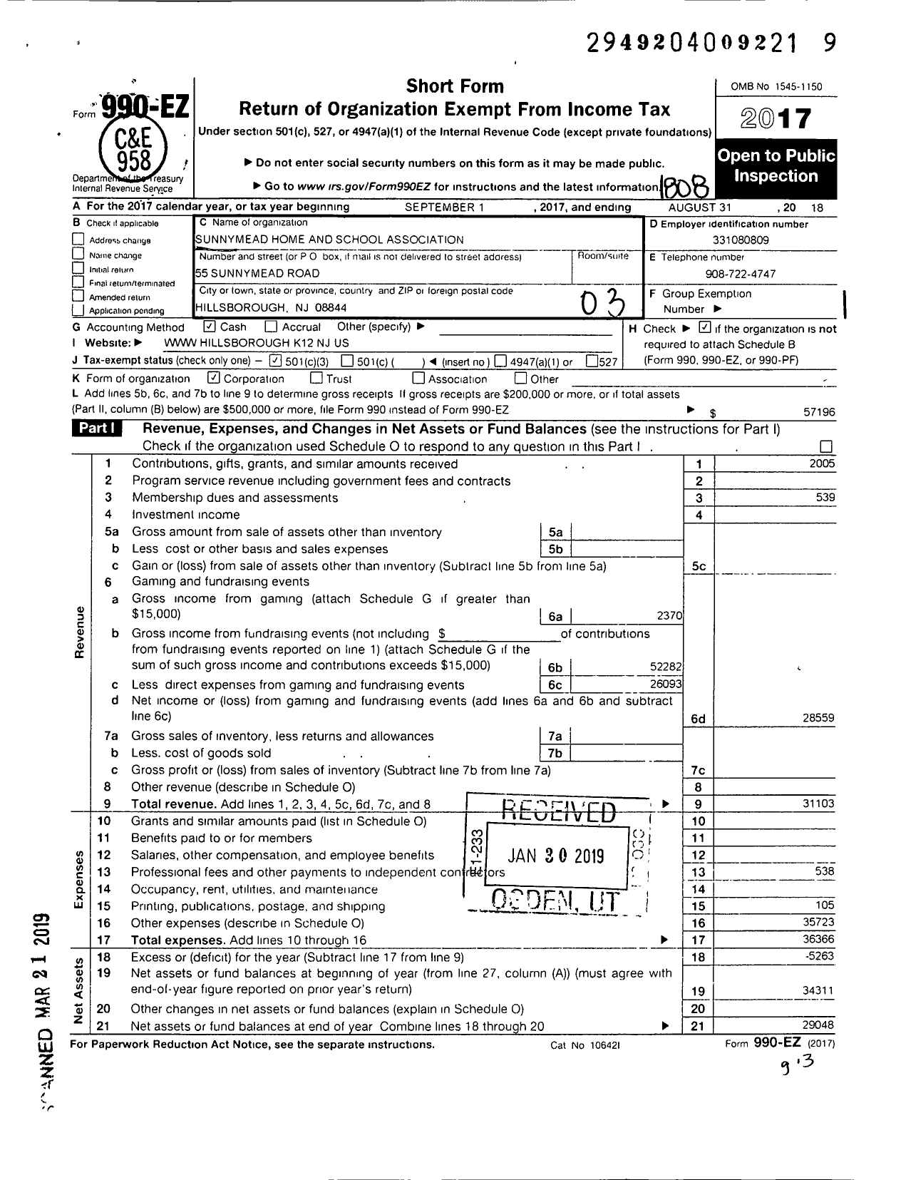 Image of first page of 2017 Form 990EZ for Sunnymead Home and School Association