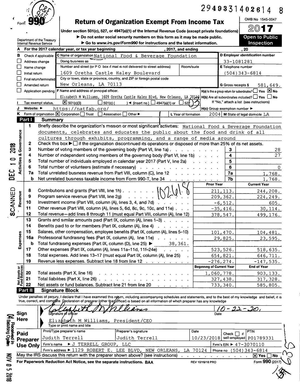 Image of first page of 2017 Form 990 for National Food and Beverage Foundation