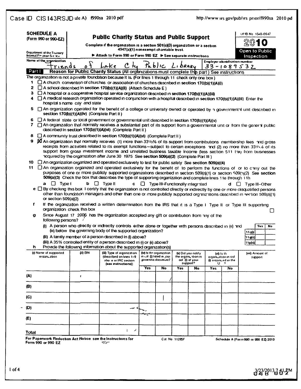 Image of first page of 2010 Form 990ER for Friends of Rocky Top Public Library