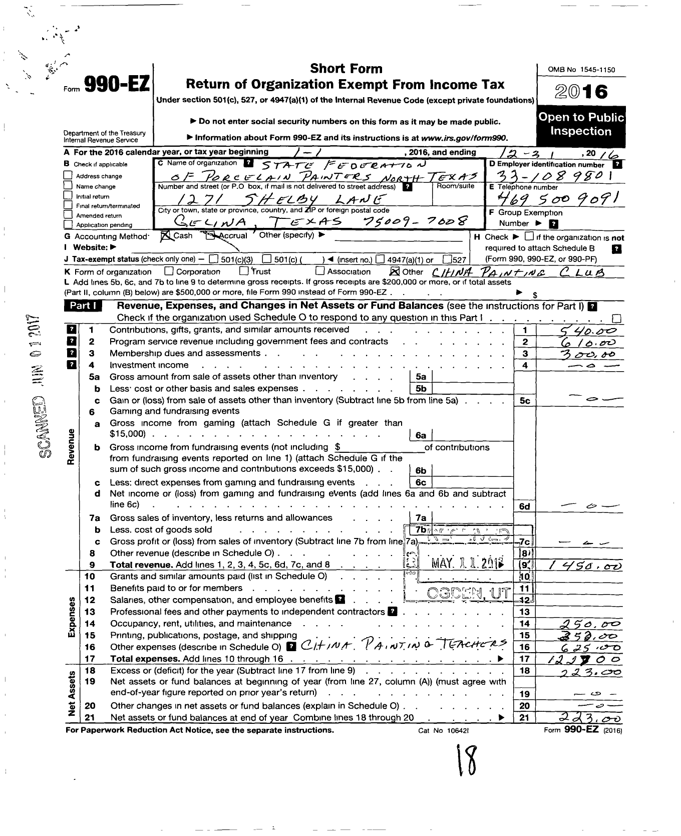 Image of first page of 2016 Form 990EO for State Federation of Porcelain Art Clubs of Texas / North Texas