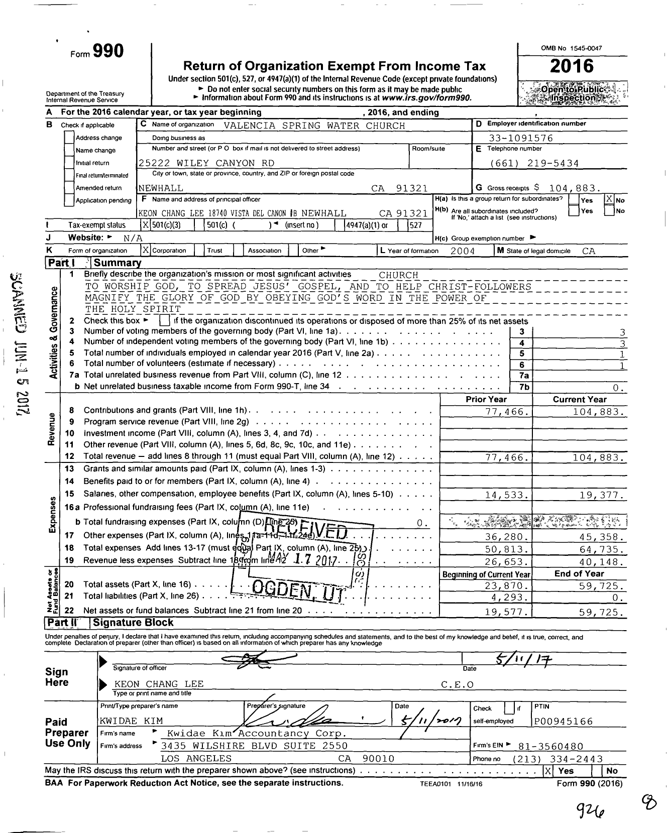 Image of first page of 2016 Form 990 for Valencia Spring Water Church