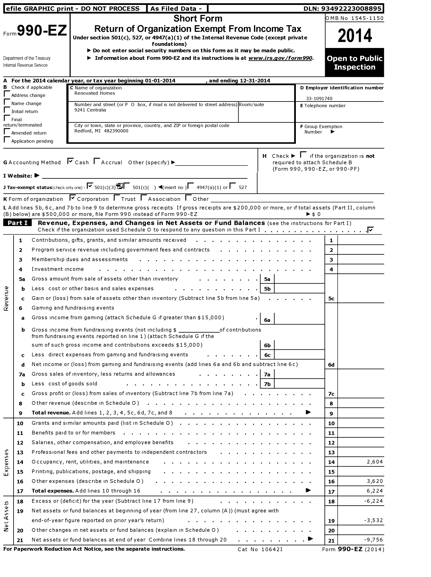 Image of first page of 2014 Form 990EZ for Renovated Homes