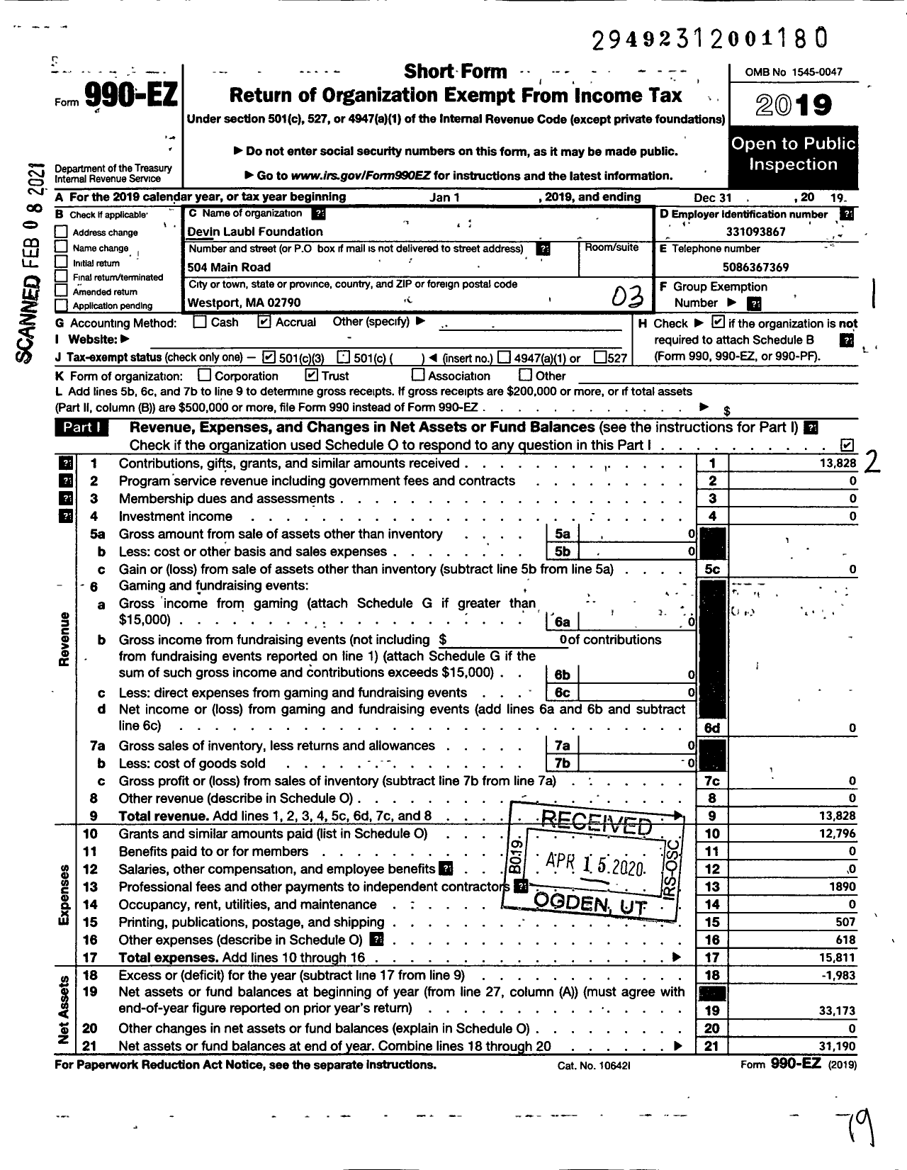 Image of first page of 2019 Form 990EZ for Devin Laubi Foundation