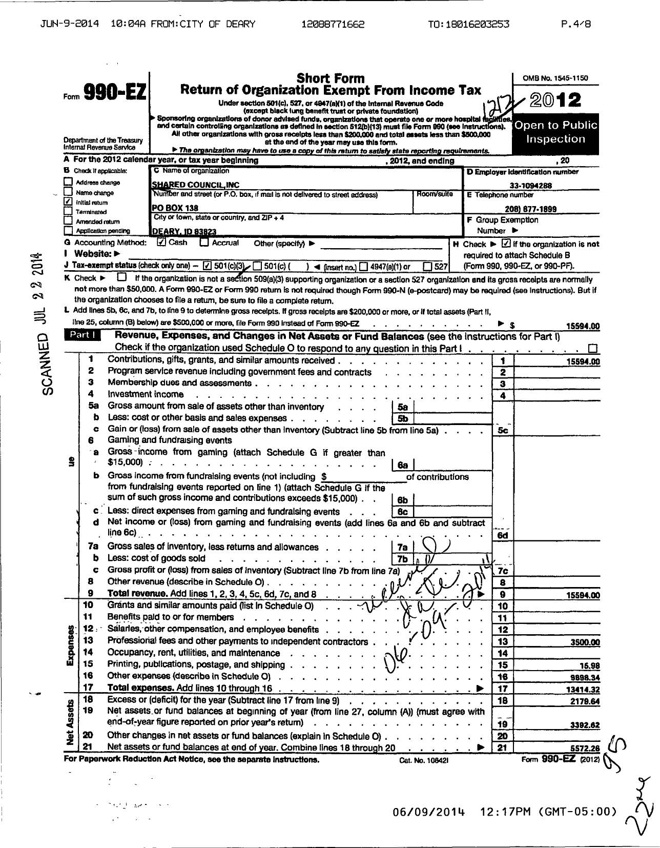 Image of first page of 2012 Form 990EZ for Shared Council