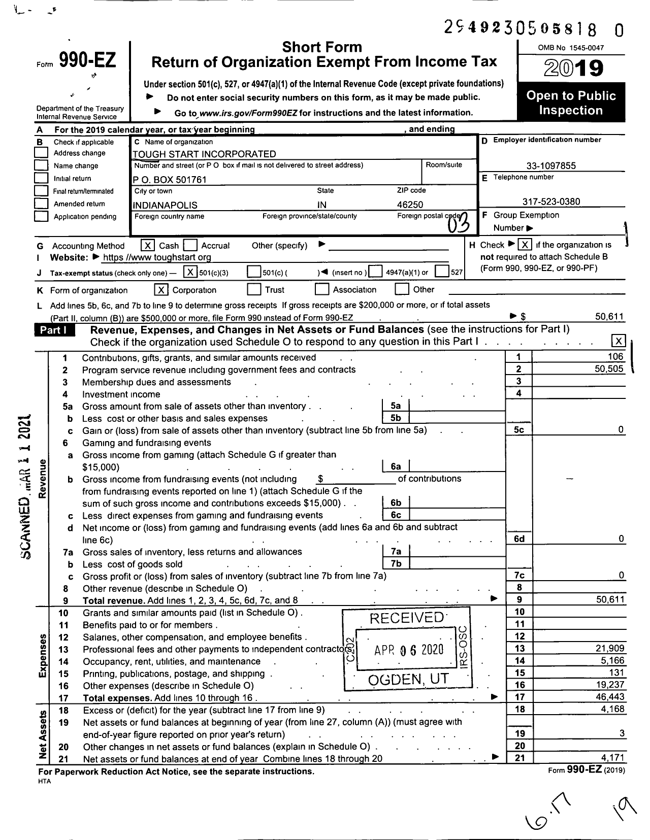 Image of first page of 2019 Form 990EZ for Tough Start Incorporated