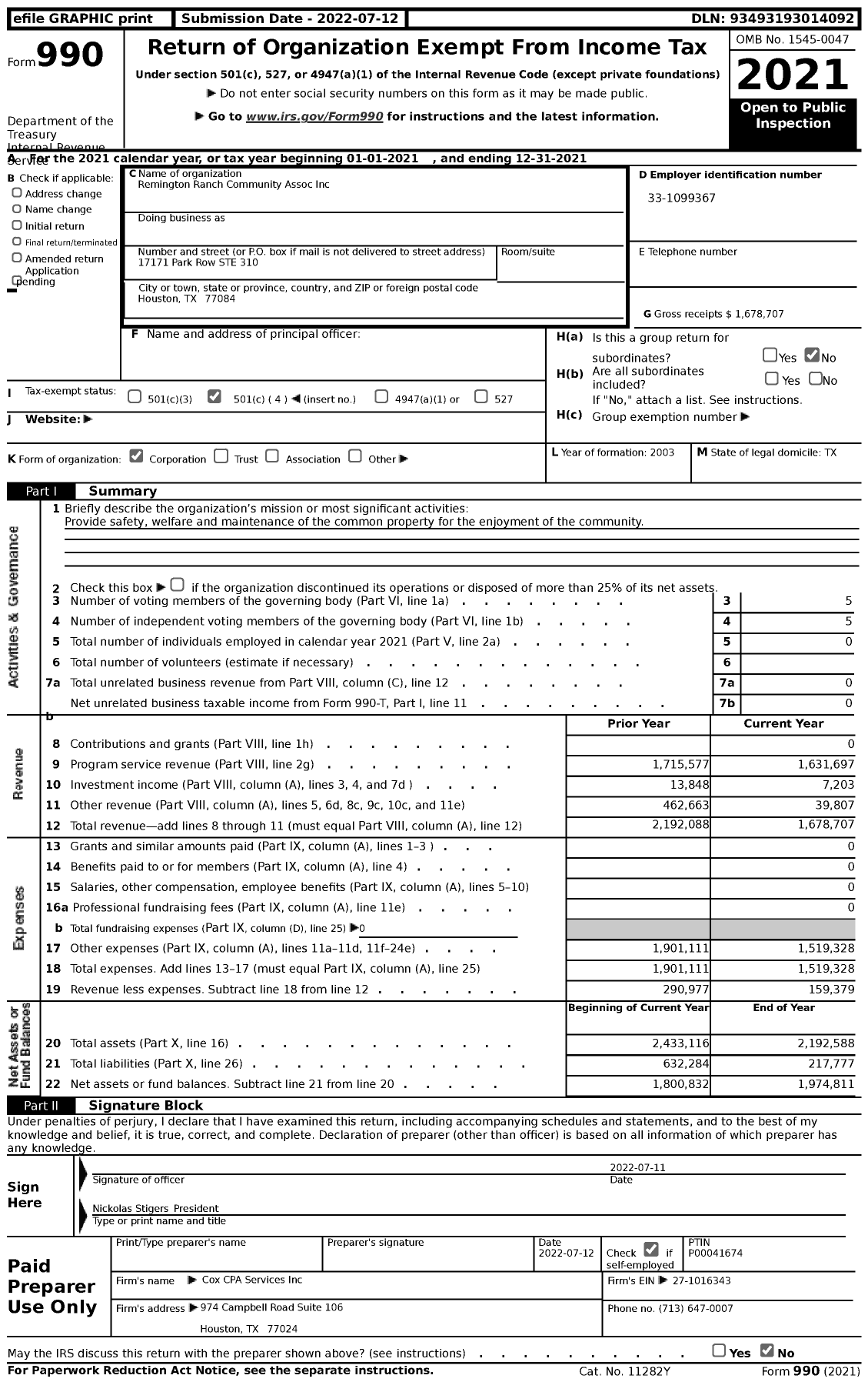 Image of first page of 2021 Form 990 for Remington Ranch Community Association
