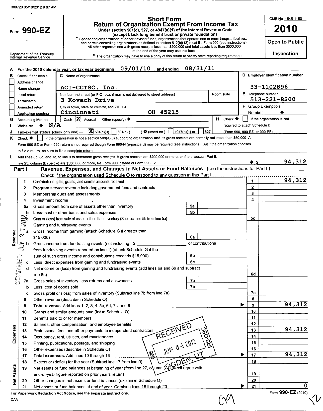 Image of first page of 2010 Form 990EZ for Aci-Cctsc