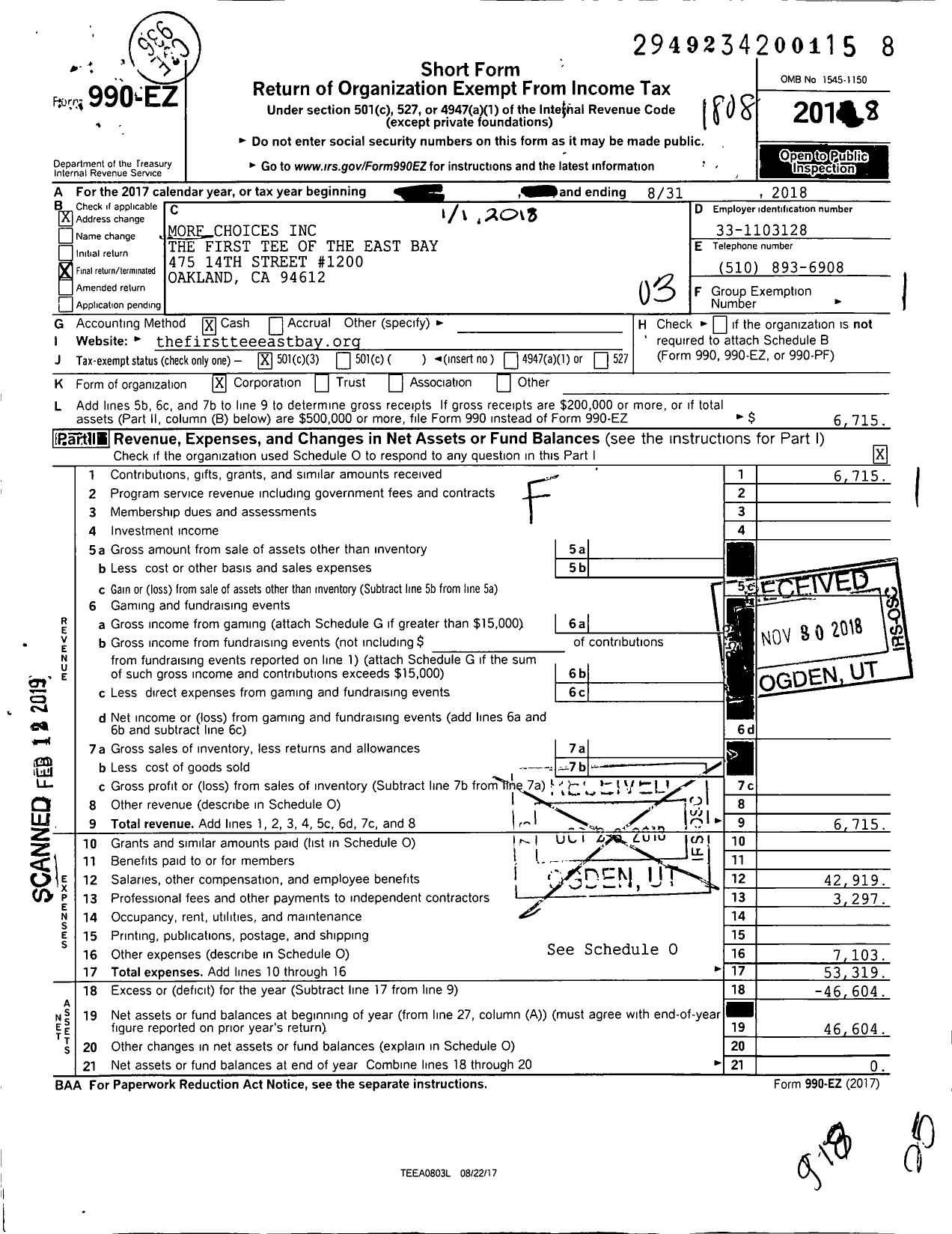 Image of first page of 2017 Form 990EZ for More Choices the First Tee of the East Bay