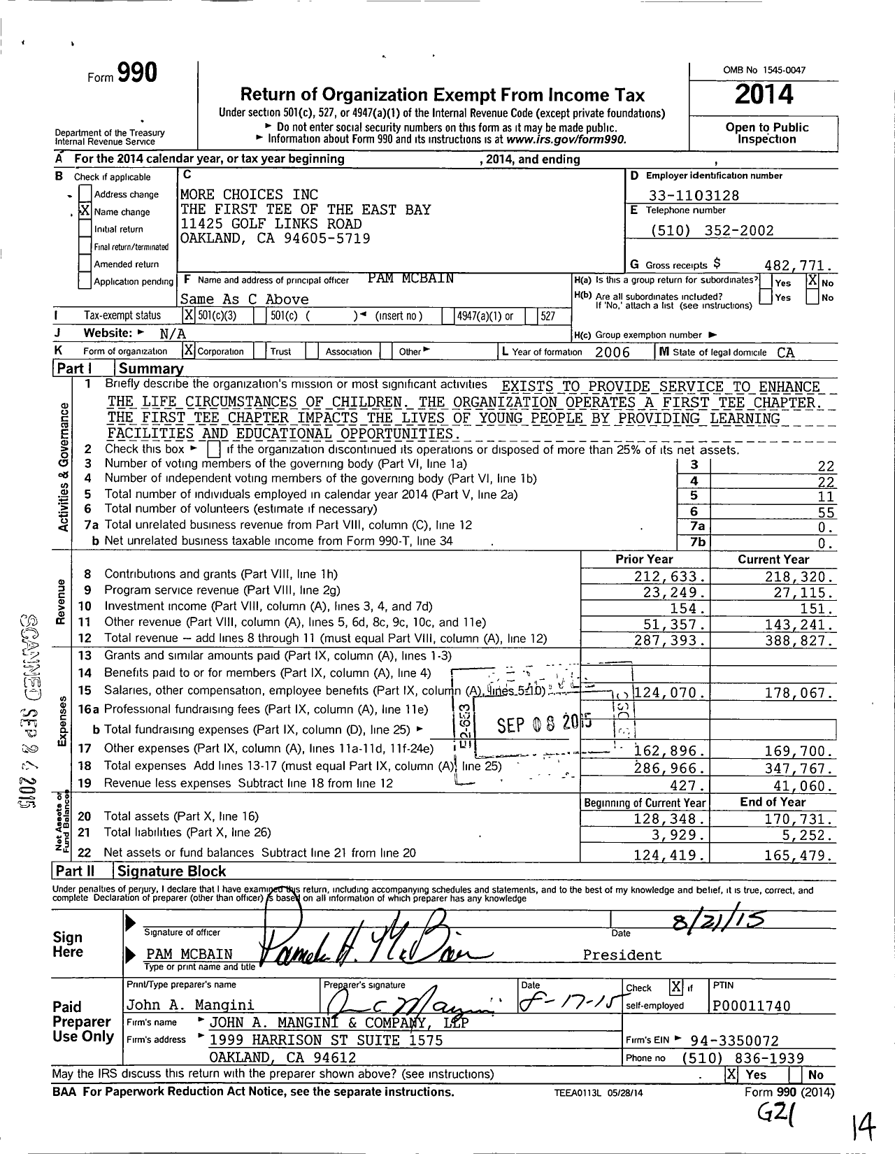 Image of first page of 2014 Form 990 for More Choices the First Tee of the East Bay