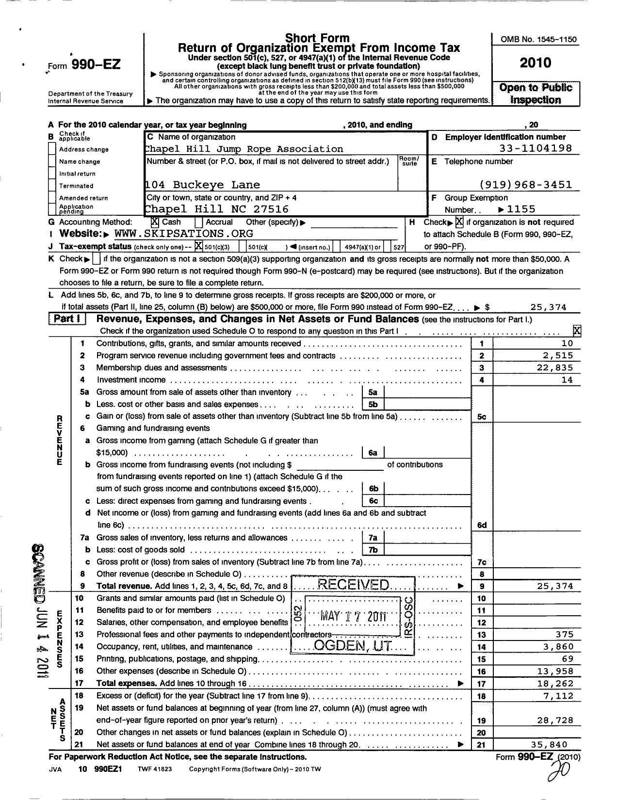 Image of first page of 2010 Form 990EZ for Amateur Athletic Union - Skipsations Jump Rope Association