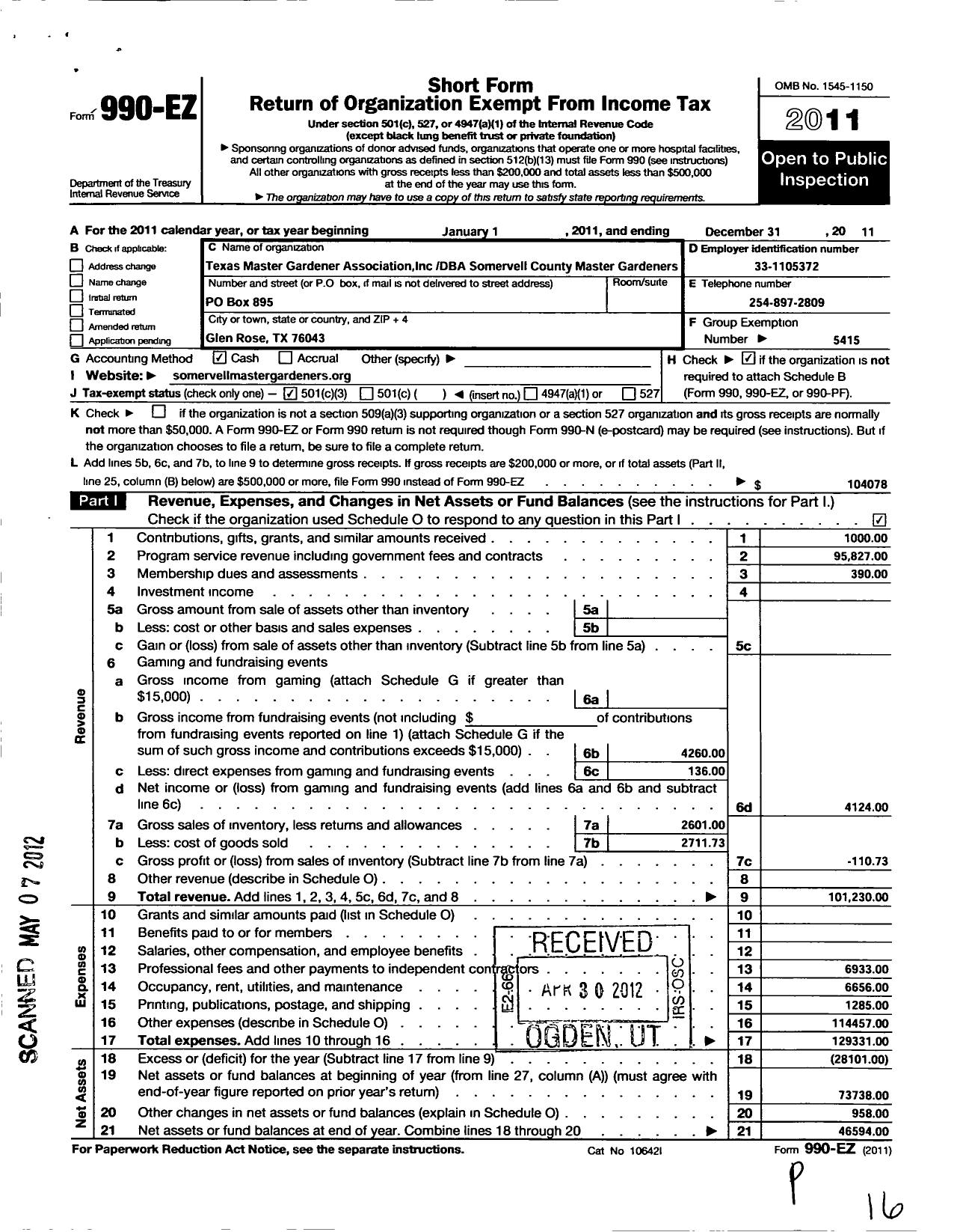 Image of first page of 2011 Form 990EZ for Texas Master Gardener Association / Somervell County Master Gardeners