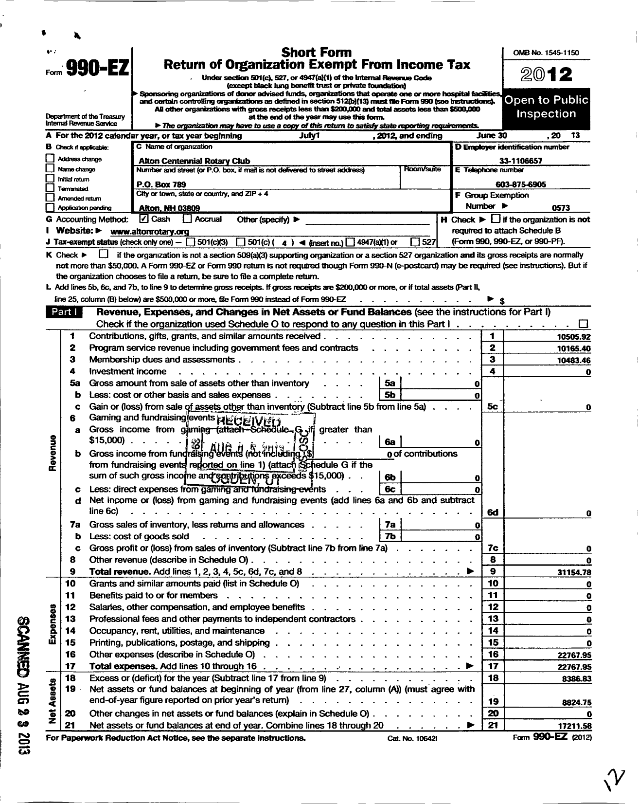 Image of first page of 2012 Form 990EO for Rotary International - Alton Centennial Rotary Club