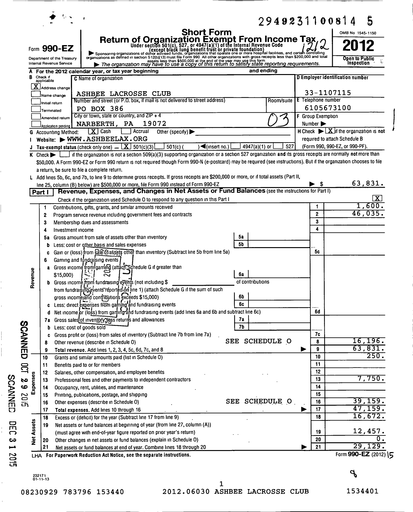 Image of first page of 2012 Form 990EZ for Ashbee Lacrosse Club