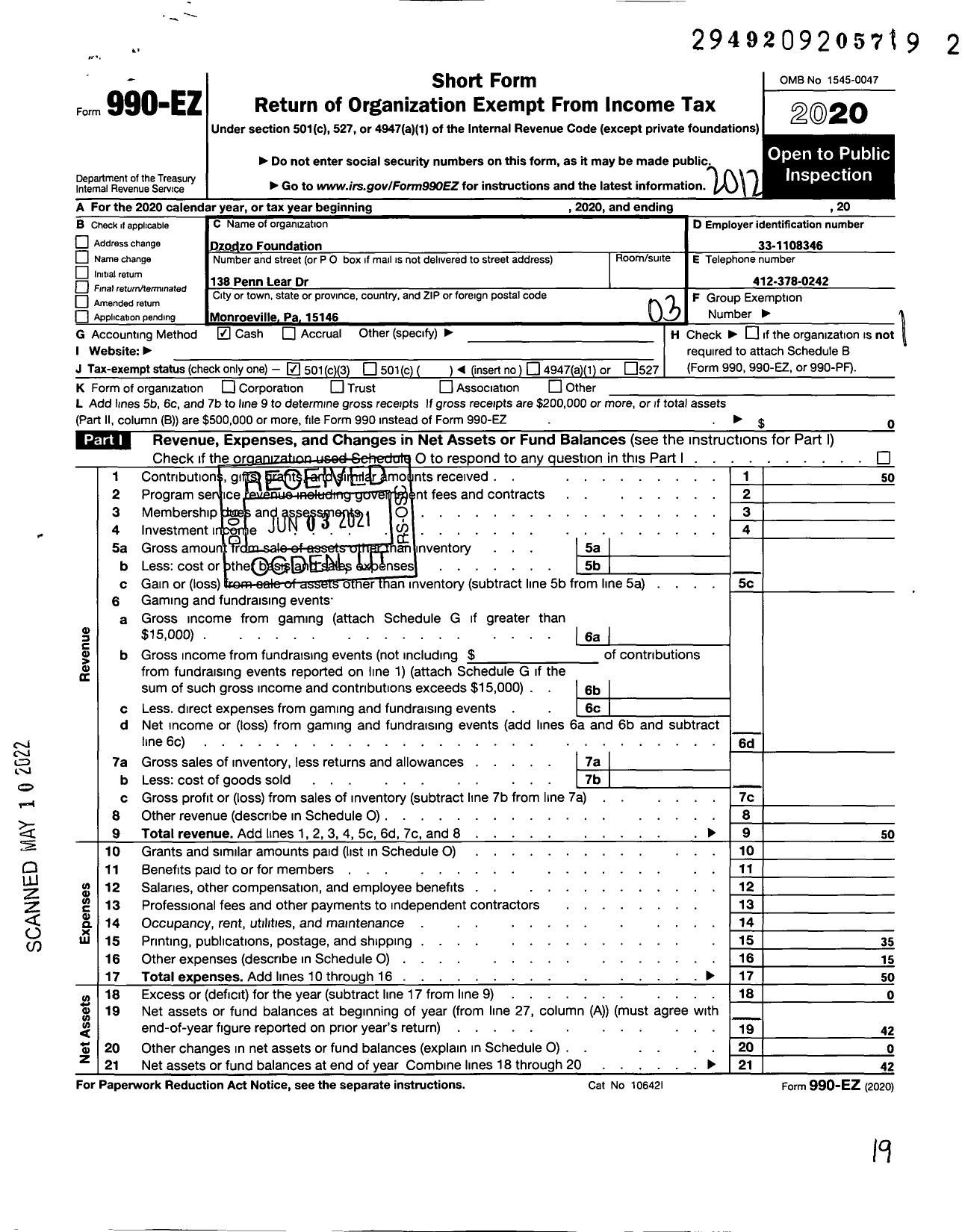 Image of first page of 2020 Form 990EZ for Dzodzo Foundation