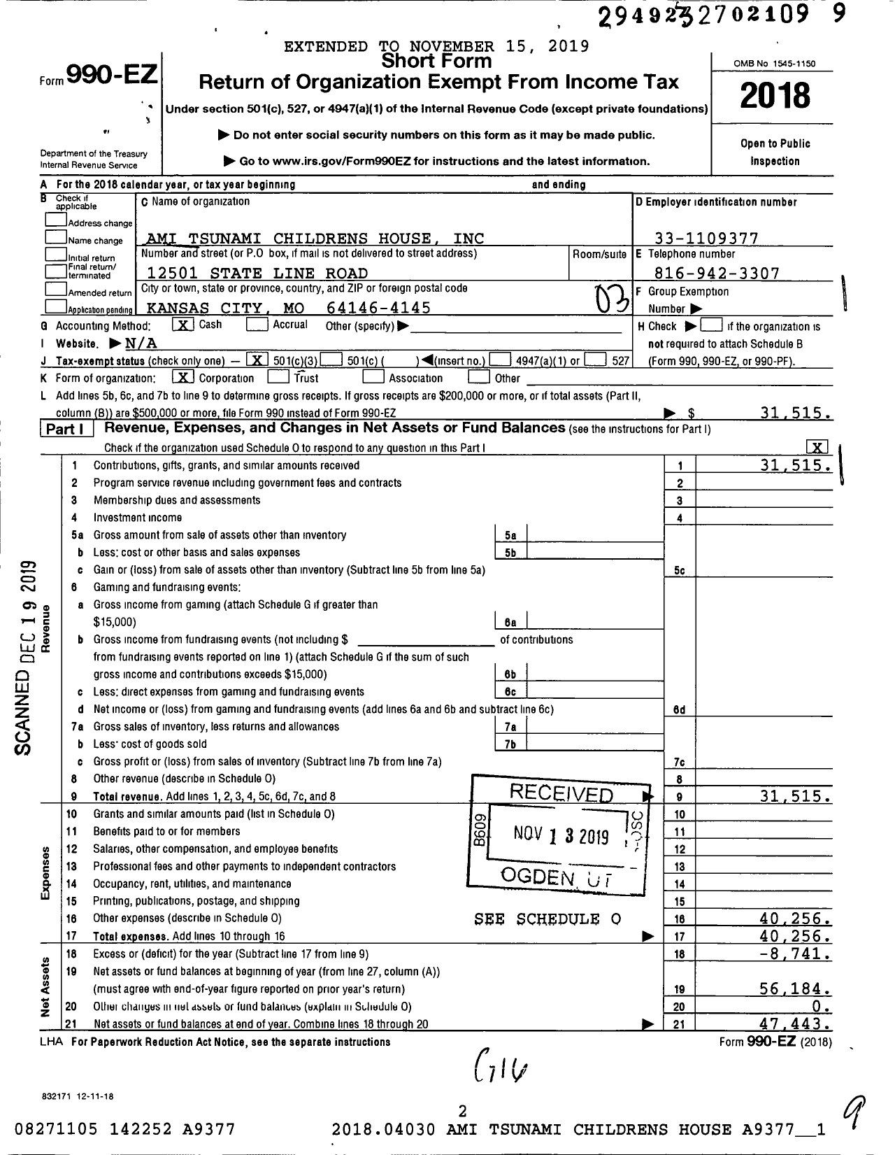 Image of first page of 2018 Form 990EZ for Ami Tsunami Childrens House