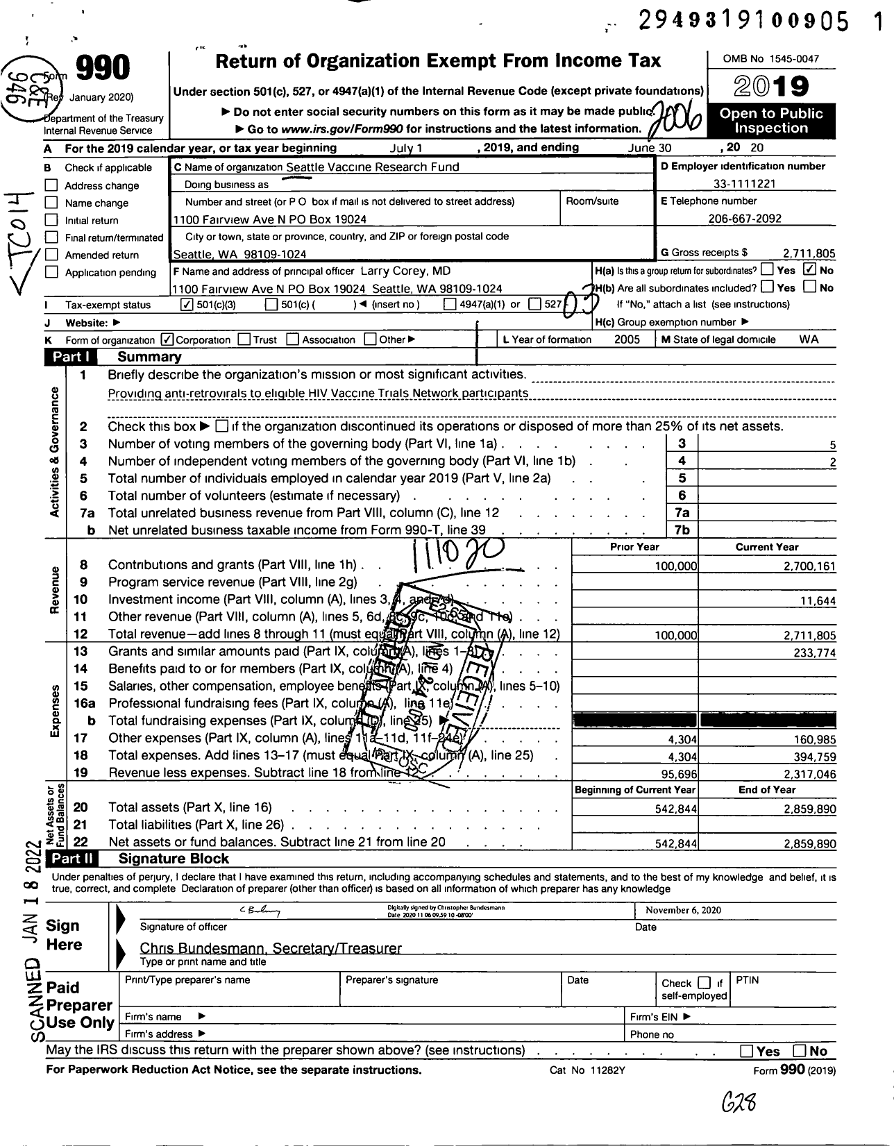 Image of first page of 2019 Form 990 for Seattle Vaccine Research Fund