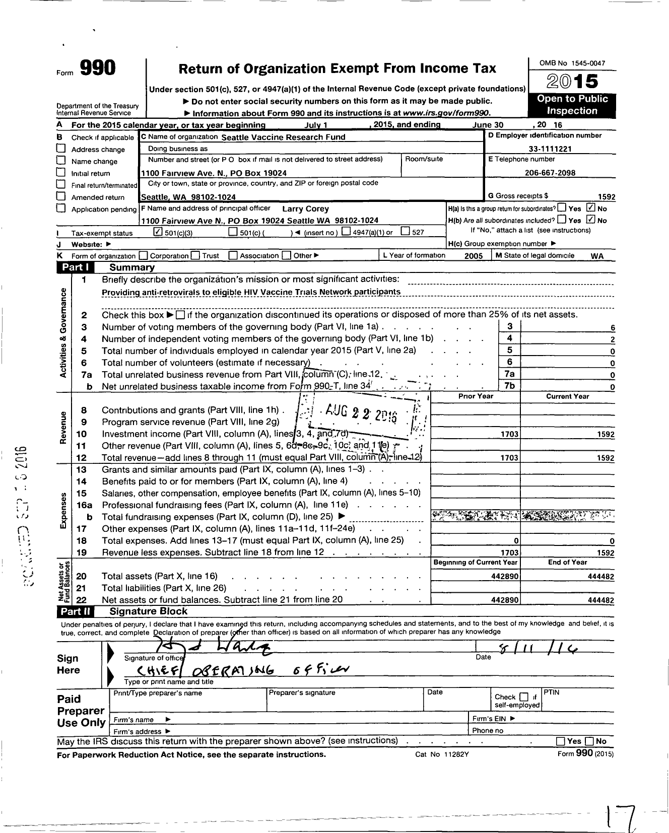 Image of first page of 2015 Form 990 for Seattle Vaccine Research Fund