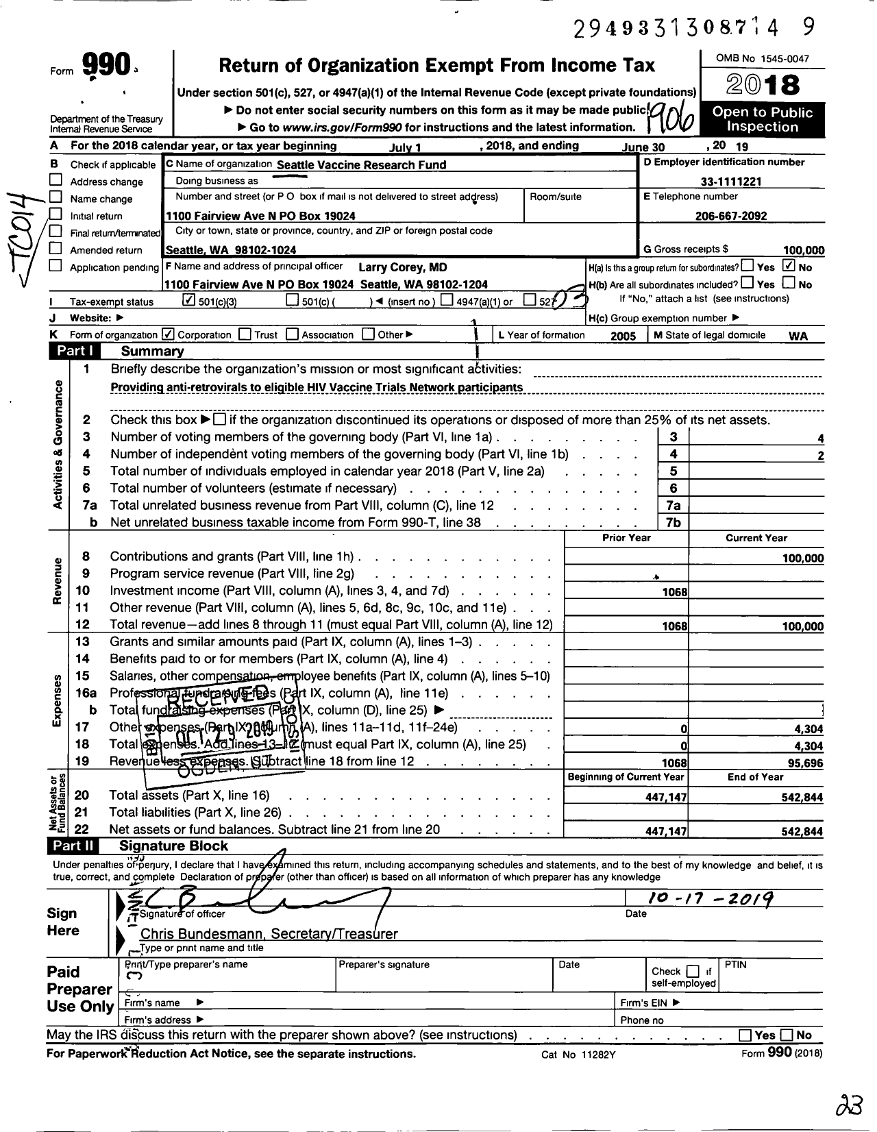 Image of first page of 2018 Form 990 for Seattle Vaccine Research Fund