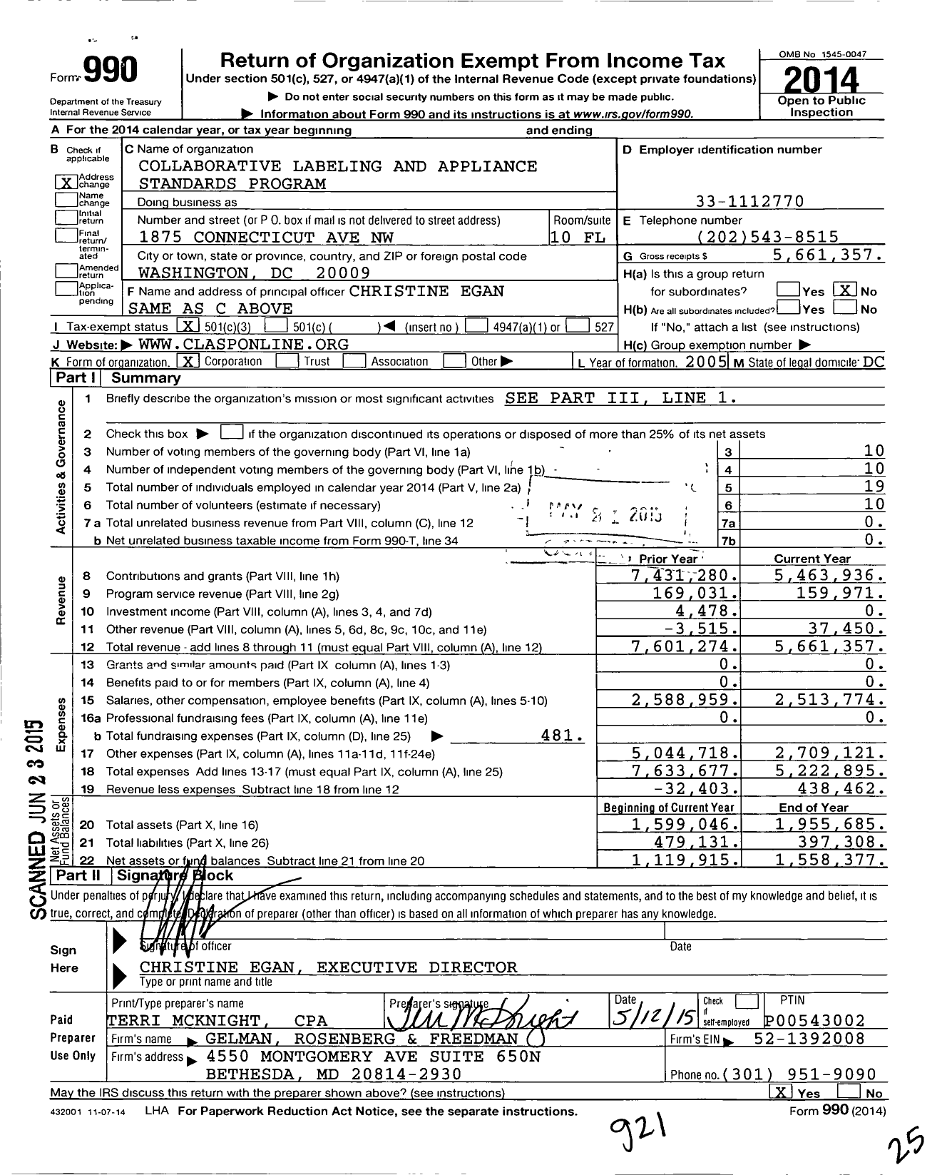 Image of first page of 2014 Form 990 for Collaborative Labeling and Appliance Standards Program (CLASP)