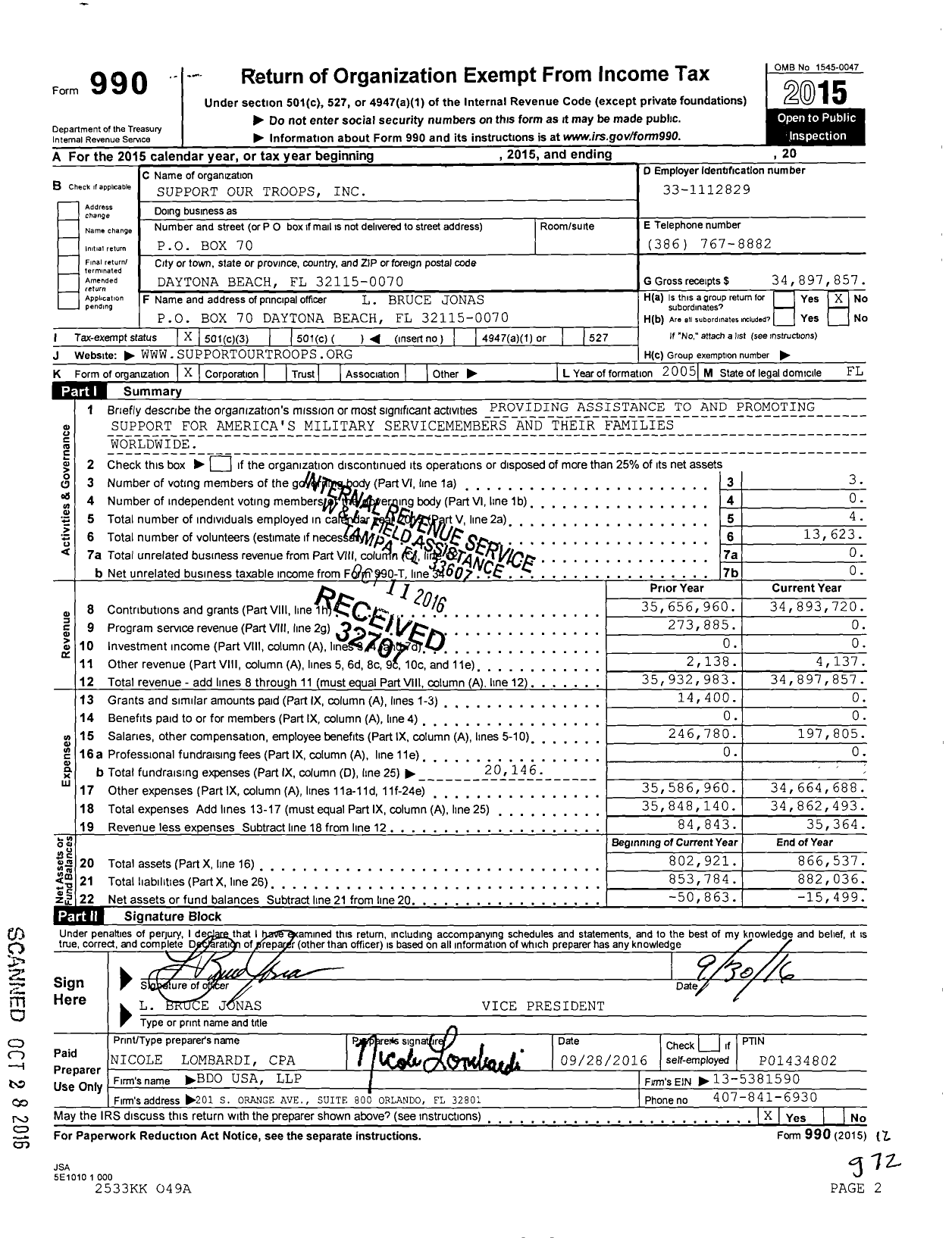 Image of first page of 2015 Form 990 for Support Our Troops