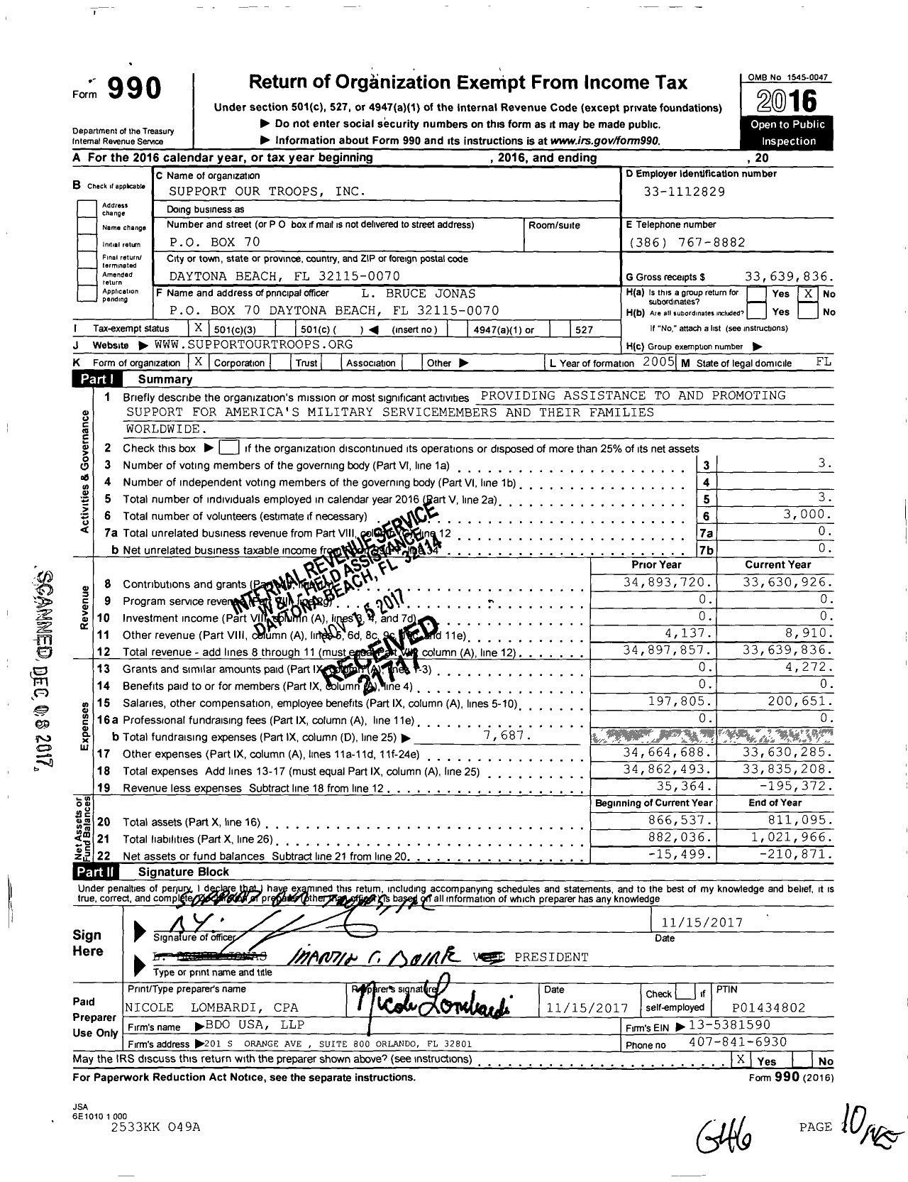 Image of first page of 2016 Form 990 for Support Our Troops