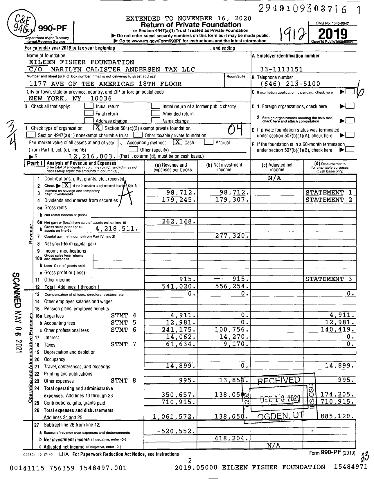 Image of first page of 2019 Form 990PF for Eileen Fisher Foundation